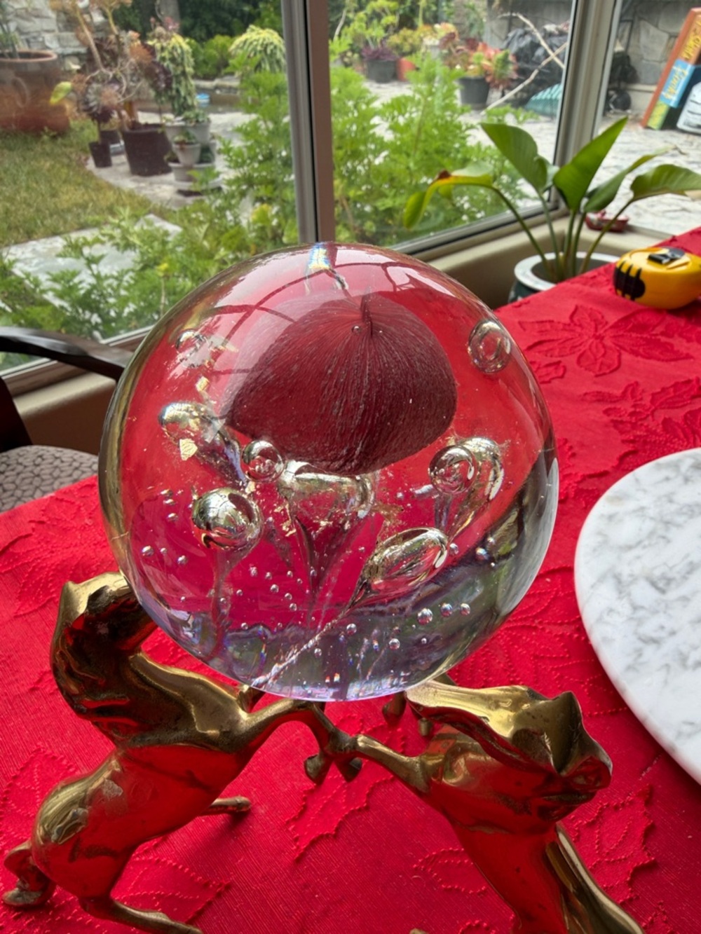 3 Brass horses Sculpture Crystal Orb Holder with Glass Sphere 10” tall - Picture 2 of 10